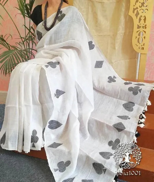 White color Digital Printed Cotton Linen Saree With Blouse Piece