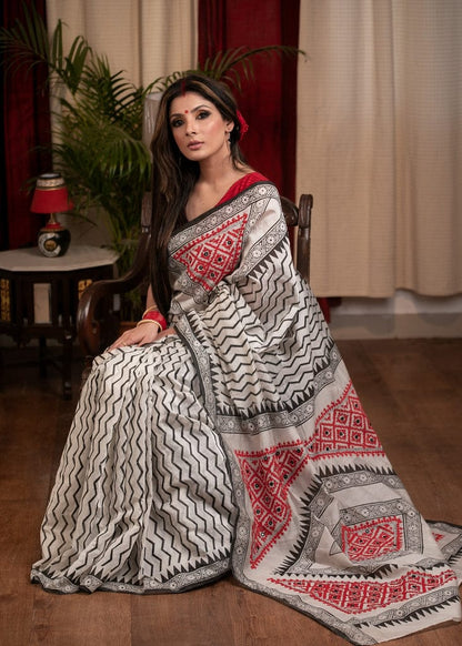 White and Black Color Zig-Zag Digital Printed Cotton Linen Saree With Blouse Piece