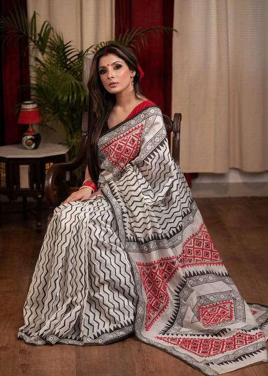 White and Black Color Zig-Zag Digital Printed Cotton Linen Saree With Blouse Piece