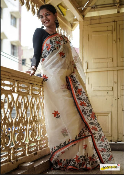 White Color Floral Digital Printed Cotton Linen Saree With Blouse Piece