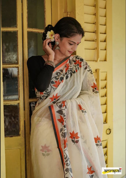White Color Floral Digital Printed Cotton Linen Saree With Blouse Piece