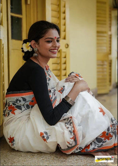 White Color Floral Digital Printed Cotton Linen Saree With Blouse Piece