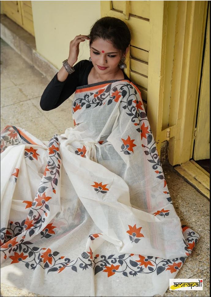 White Color Floral Digital Printed Cotton Linen Saree With Blouse Piece