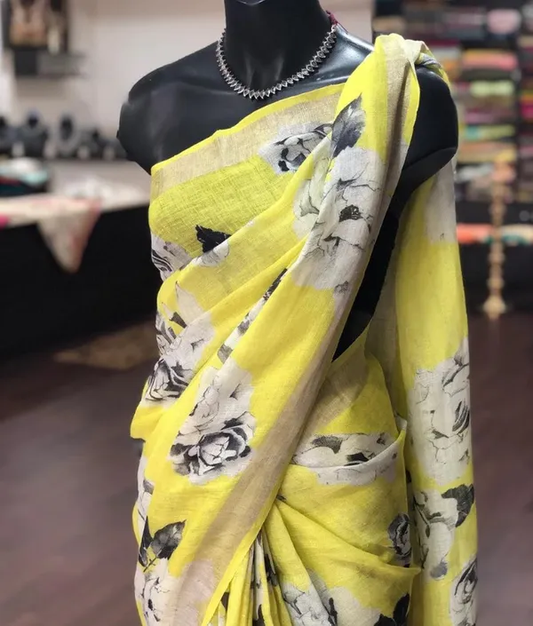 Yellow color Floral Digital Printed Cotton Linen Saree With Blouse Piece