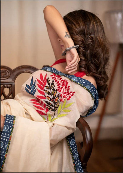 Multi Color Floral Digital Printed Cotton Linen Saree With Blouse Piece