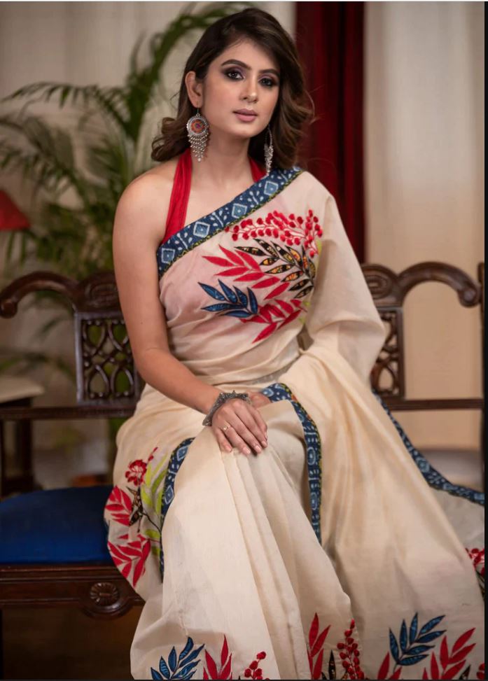 Multi Color Floral Digital Printed Cotton Linen Saree With Blouse Piece