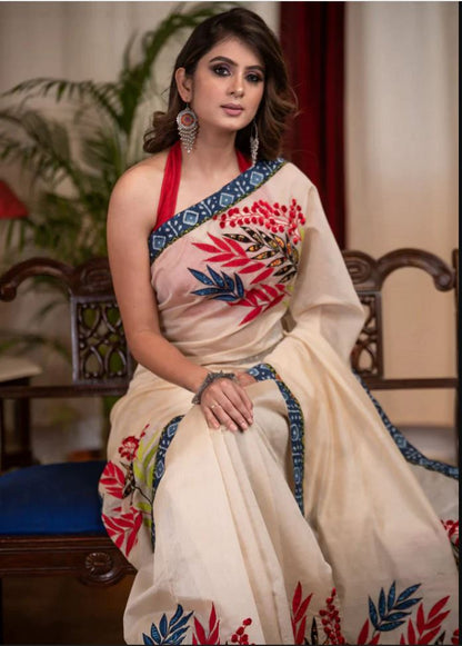 Multi Color Floral Digital Printed Cotton Linen Saree With Blouse Piece