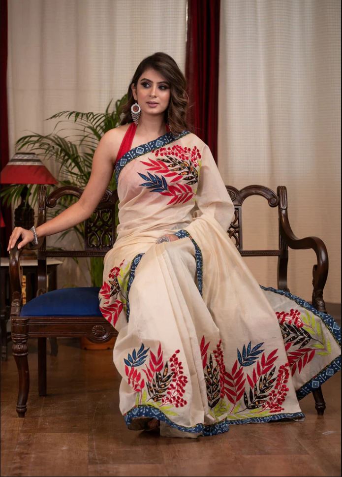 Multi Color Floral Digital Printed Cotton Linen Saree With Blouse Piece
