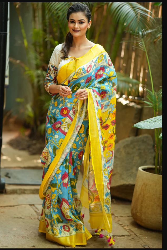 Sky Blue Color Floral Digital Printed Cotton Linen Saree With Blouse Piece