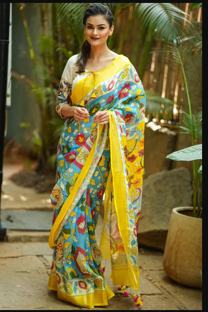 Sky Blue Color Floral Digital Printed Cotton Linen Saree With Blouse Piece