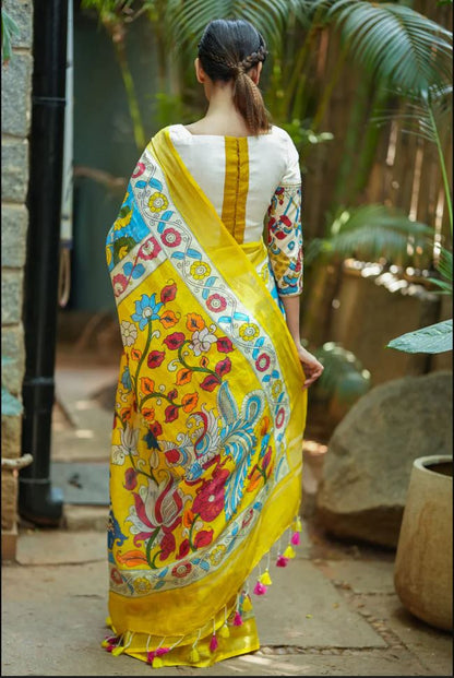 Sky Blue Color Floral Digital Printed Cotton Linen Saree With Blouse Piece