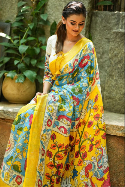 Sky Blue Color Floral Digital Printed Cotton Linen Saree With Blouse Piece