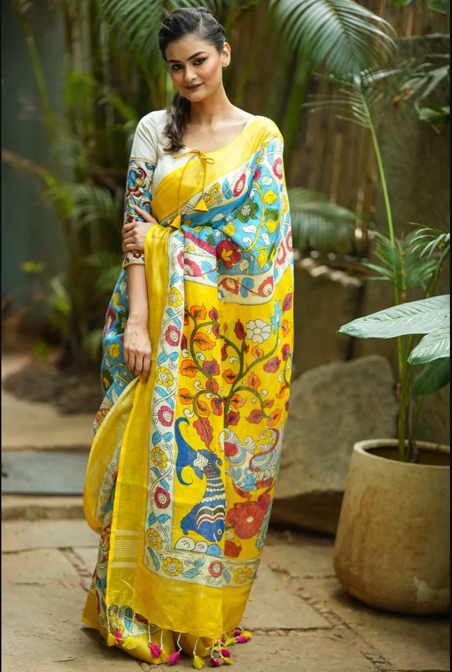 Sky Blue Color Floral Digital Printed Cotton Linen Saree With Blouse Piece