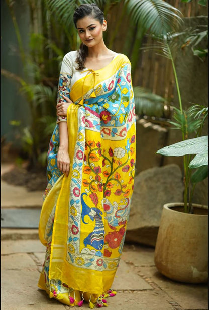 Sky Blue Color Floral Digital Printed Cotton Linen Saree With Blouse Piece
