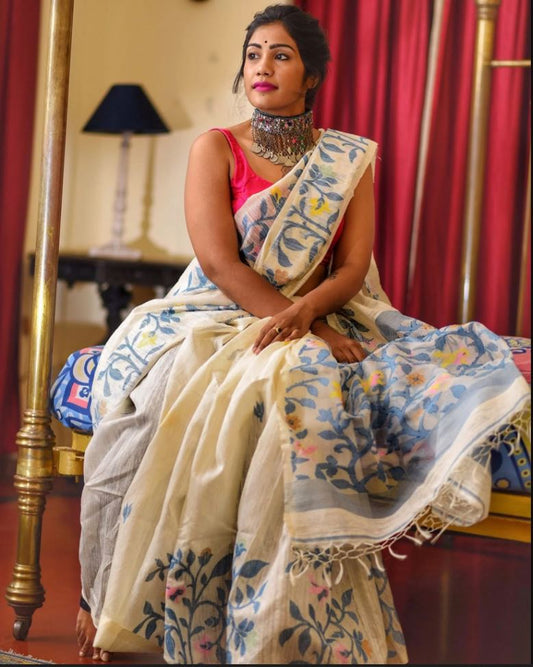 White Color Digital Printed Cotton Linen Saree With Blouse Piece