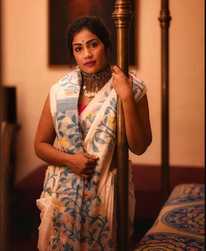 White Color Digital Printed Cotton Linen Saree With Blouse Piece