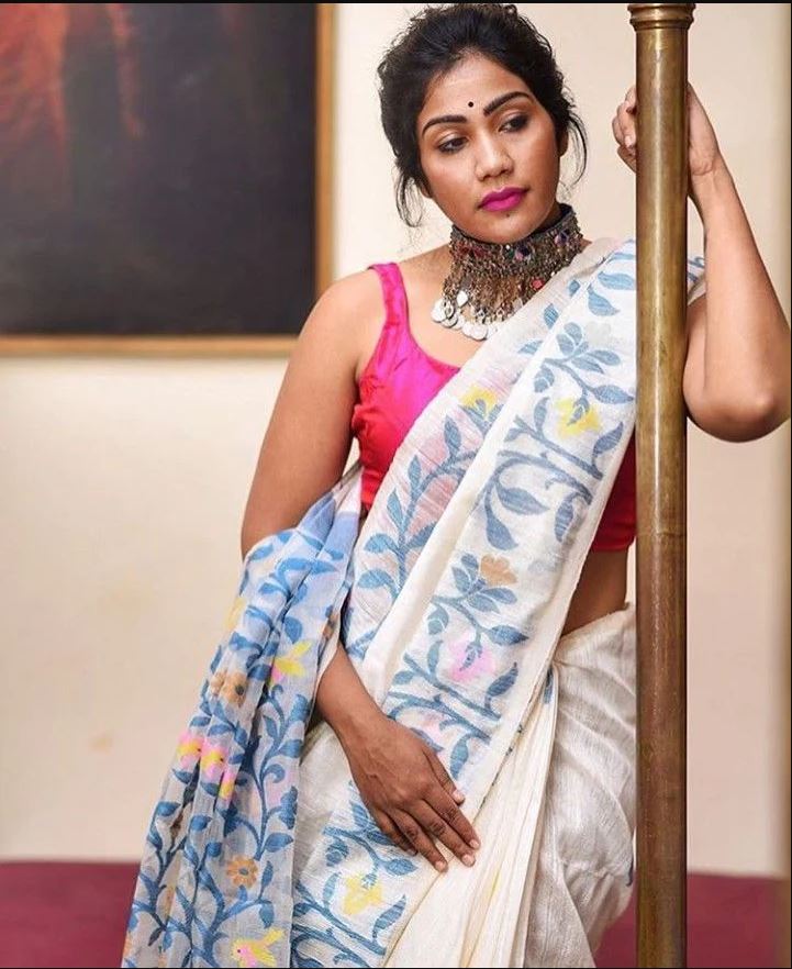 White Color Digital Printed Cotton Linen Saree With Blouse Piece