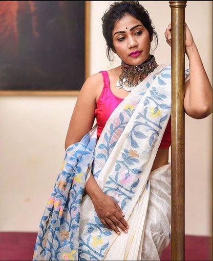 White Color Digital Printed Cotton Linen Saree With Blouse Piece