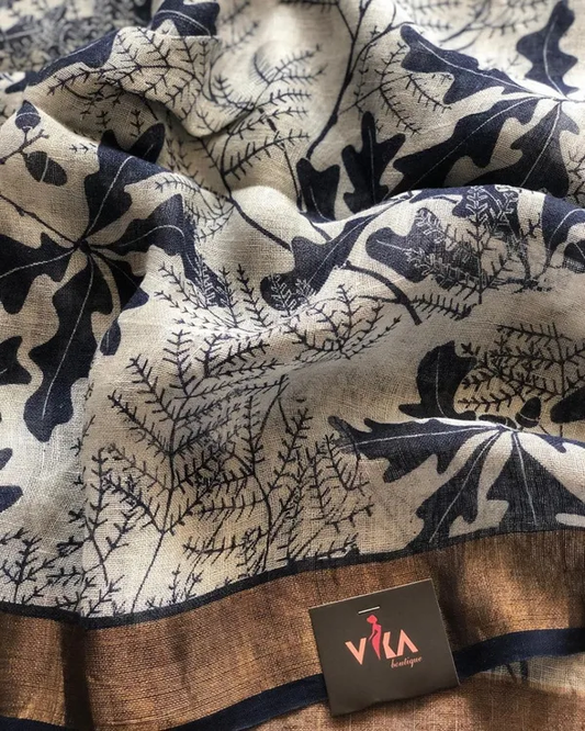 Off-white color Floral Digital Printed Cotton Linen Saree With Blouse Piece