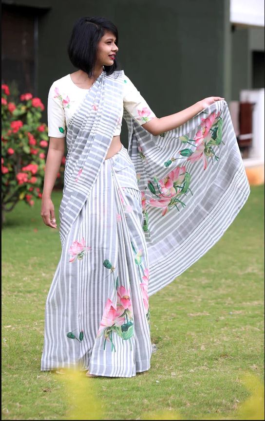 Multi Color Digital Printed Cotton Linen Saree With Blouse Piece