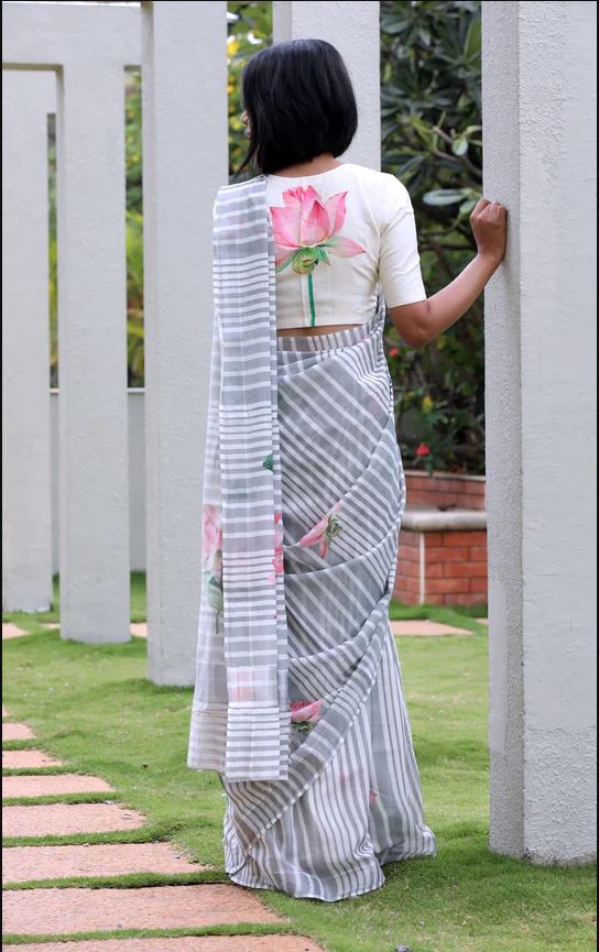 Multi Color Digital Printed Cotton Linen Saree With Blouse Piece