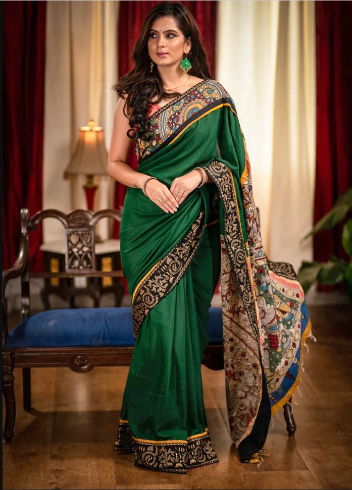 Green Color Digital Printed Cotton Linen Saree With Blouse Piece