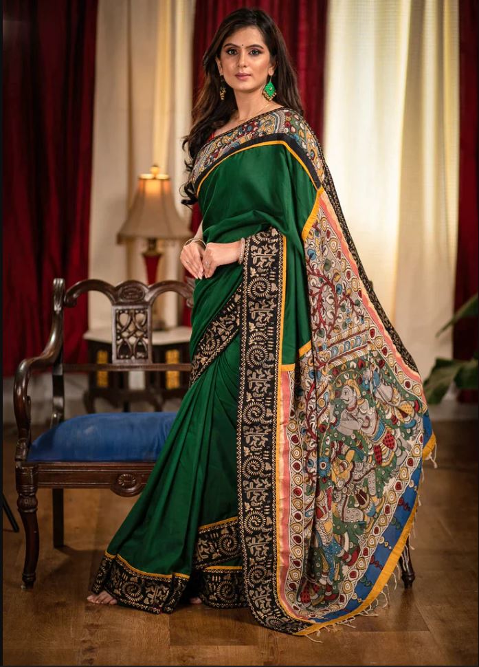 Green Color Digital Printed Cotton Linen Saree With Blouse Piece