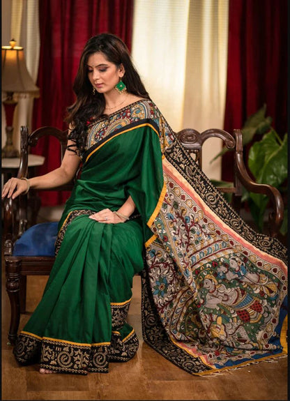 Green Color Digital Printed Cotton Linen Saree With Blouse Piece