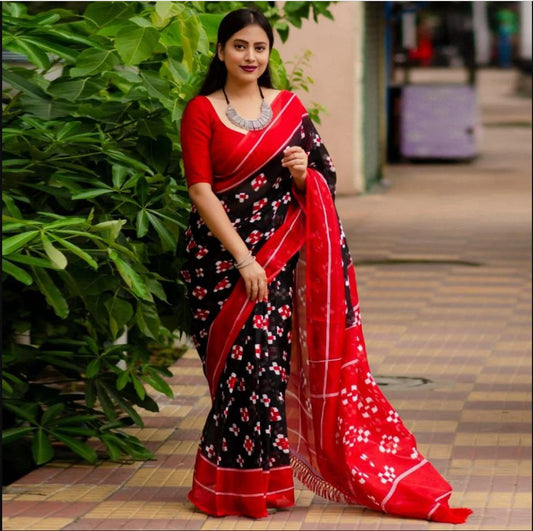 Black and Red Color Digital Printed Cotton Linen Saree With Blouse Piece