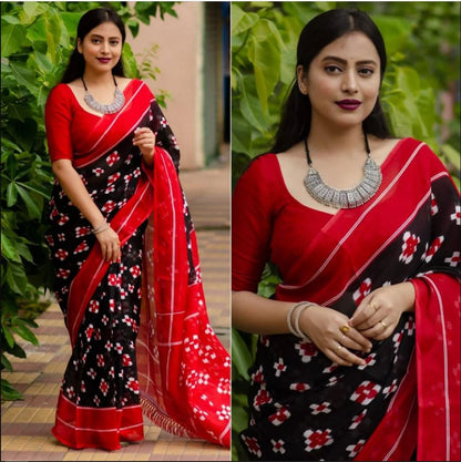 Black and Red Color Digital Printed Cotton Linen Saree With Blouse Piece