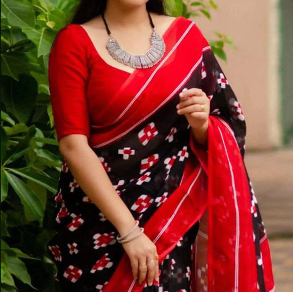 Black and Red Color Digital Printed Cotton Linen Saree With Blouse Piece