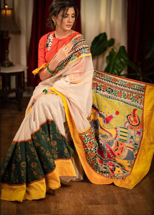 Multi Color Kalamkari Digital Printed Cotton Linen Saree With Blouse Piece