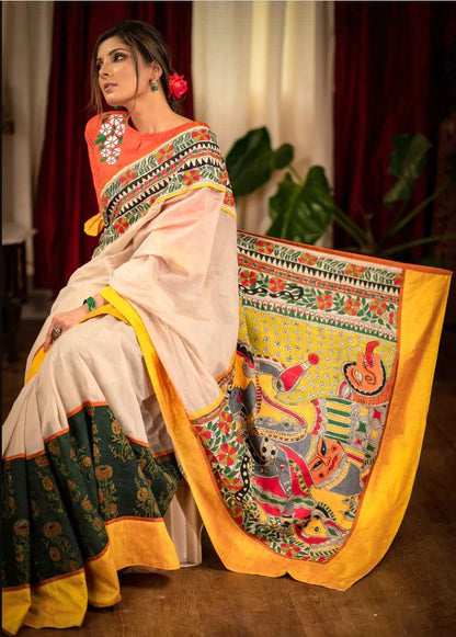Multi Color Kalamkari Digital Printed Cotton Linen Saree With Blouse Piece