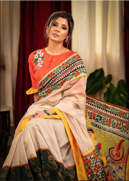 Multi Color Kalamkari Digital Printed Cotton Linen Saree With Blouse Piece