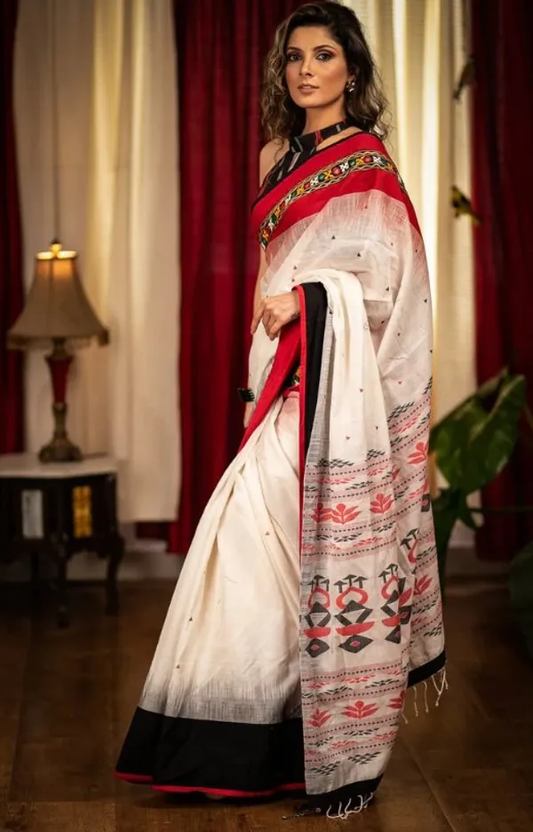 White and Red color Digital Printed Cotton Linen Saree With Blouse Piece