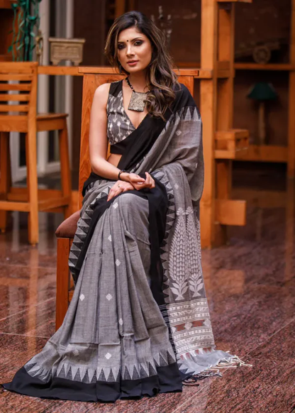 Gray color Printed Cotton Linen Saree With Blouse Piece