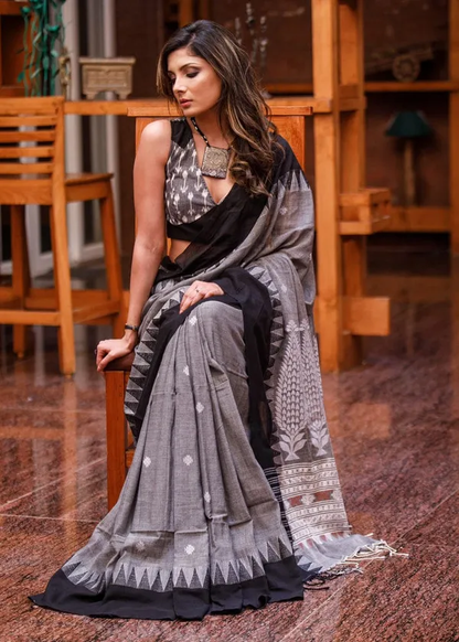Gray color Printed Cotton Linen Saree With Blouse Piece