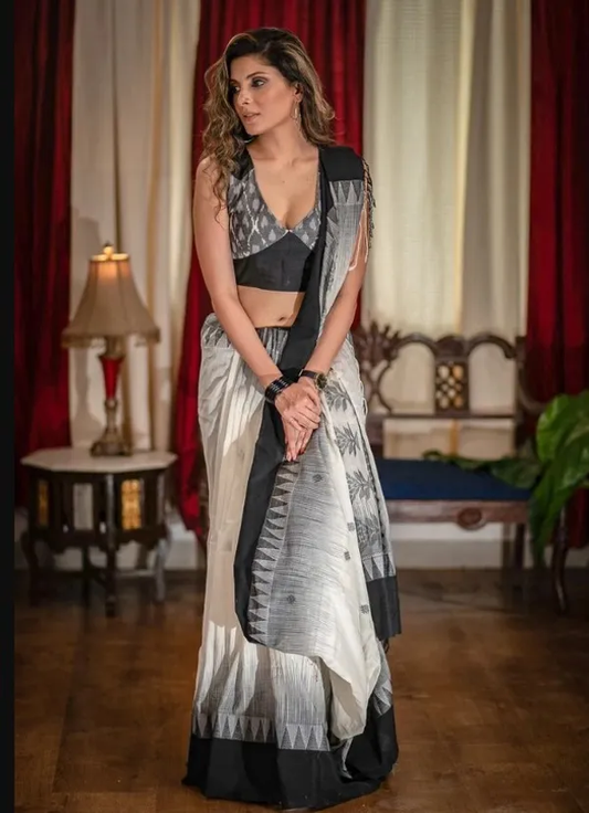 White and Black color Digital Printed Cotton Linen Saree With Blouse Piece