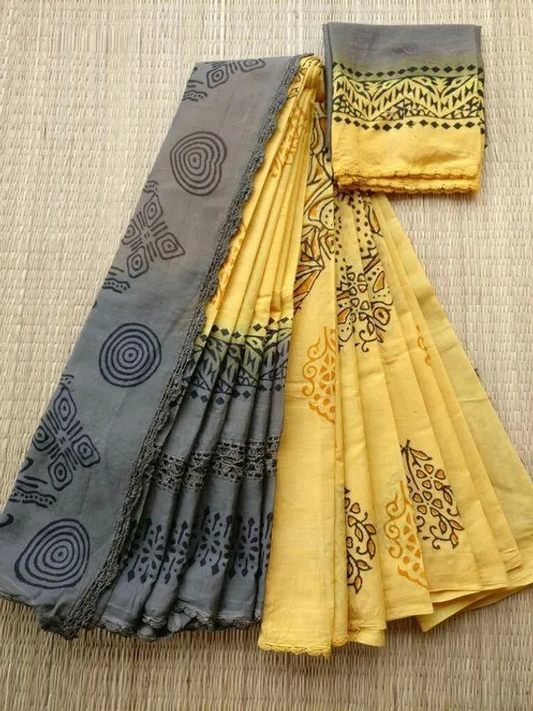 Yellow color Printed Cotton Linen Saree With Blouse Piece