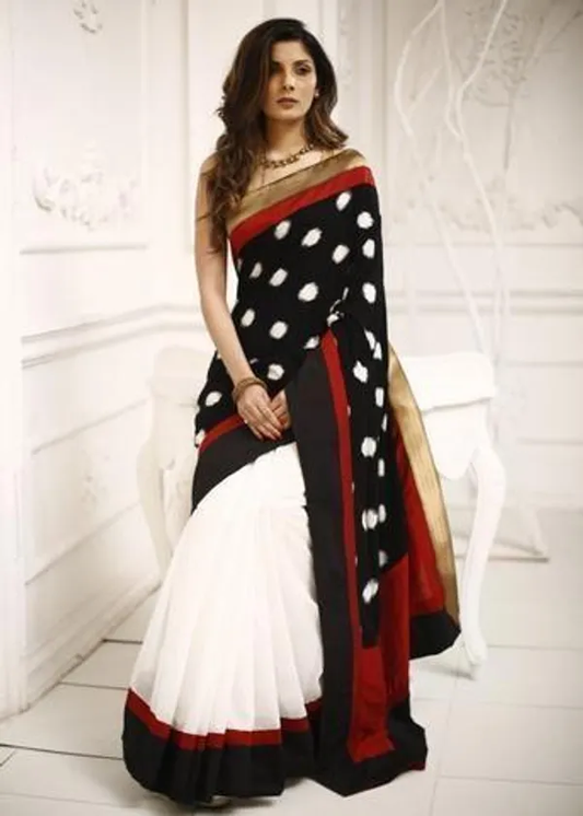 White and Black color Digital Printed Cotton Linen Saree With Blouse Piece