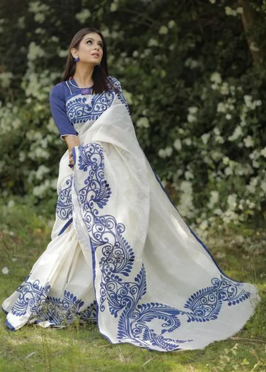 White color Printed Cotton Linen Saree With Blouse Piece