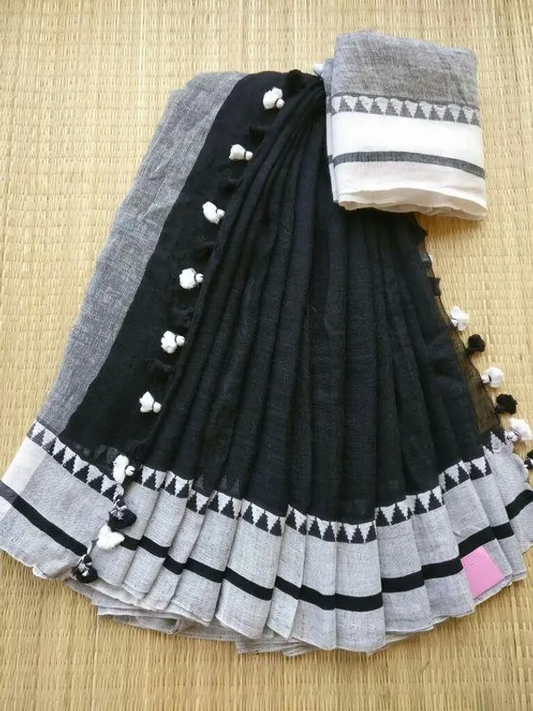 Black color Digital Printed Cotton Linen Saree With Blouse Piece