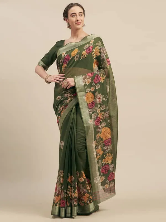 Green color Floral Digital Printed Cotton Linen Saree With Blouse Piece