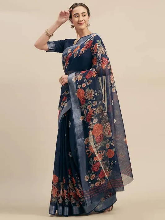 Navy Blue color Floral Digital Printed Cotton Linen Saree With Blouse Piece