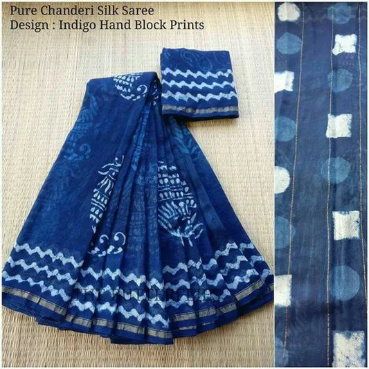 Blue color Printed Cotton Linen Saree With Blouse Piece