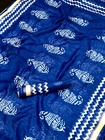 Blue color Printed Cotton Linen Saree With Blouse Piece