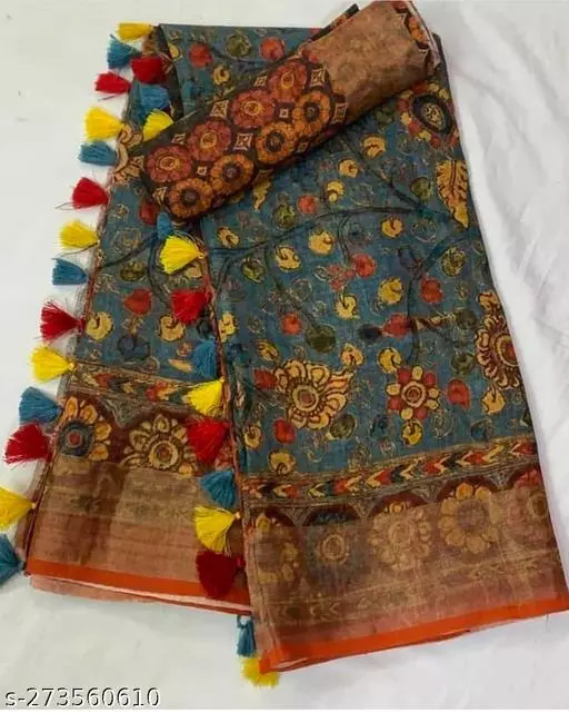 Multi color Floral Digital Printed Cotton Linen Saree With Blouse Piece