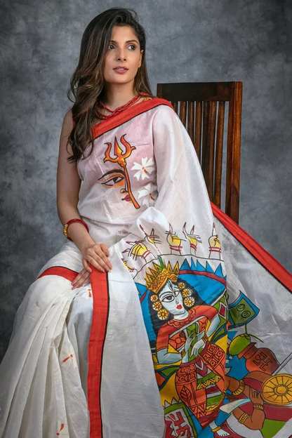 White color Kalamkari Digital Printed Cotton Linen Saree With Blouse Piece