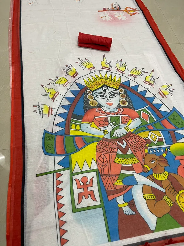 White color Kalamkari Digital Printed Cotton Linen Saree With Blouse Piece