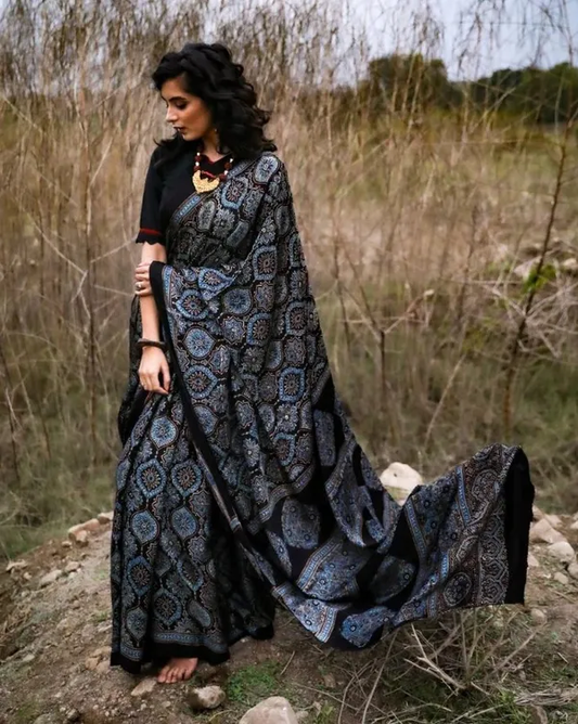 Black color Digital Printed Cotton Linen Saree With Blouse Piece